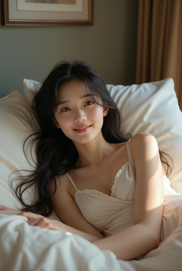 Beautiful Japanese in bed, dress, smile