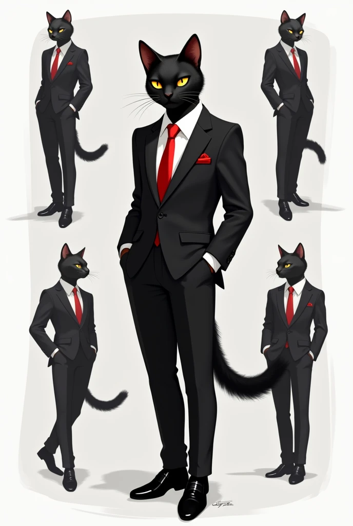 Create a black cat wearing a black suit, black dress shoes, and a red tie., he will have a body like a human but being a cat, Do it in different positions, Make it stylish digital art and minimal design.