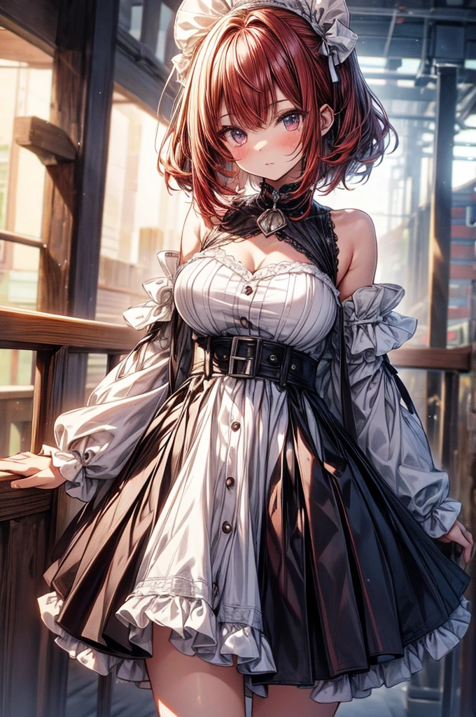 ((best quality)) ((best quality)), ((masterpiece)), (detailed), 4k image, anime style, beautiful young girl, teenage girl, tanned white skin skin, symmetrical face, beautiful young girl, tanned white skin, waist-length red hair(white highlights), soft facial features, peach colored eyes, off shoulder blouse, Pleated A-line skirt, cherry red plump lips, large E-cup breasts, short height(150cm). wide hips and large round ass, 