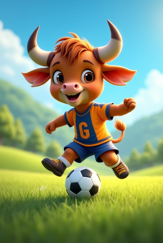 Animated baby bull kicking a soccer ball wearing a sports uniform