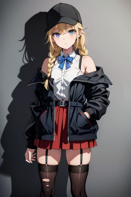 (((grayscale)))(masterpiece:1.2, Highest quality), (Graffiti wall:1.15), 1 Female, Beanie, Jacket, leggings, blue eye, whole body,masterpiece, Highest quality, High resolution, One person, alone, red_eye, It should be Chloe, Garter Straps, black fingerless gloves, Torn knee socks, , red skirt, black collar, White camisole, mini skirt, Pleated skirt, black thighhighs, Braiding, White shirt, black_belt, Medium Hair, black Jacket, Plaid_bow,( Food_superior:1.2), Long sleeve, Off the shoulder,,eiko tsukimi, blue eye, Braiding, twin Braiding, (((Blonde))), Long Hair,Baseball cap