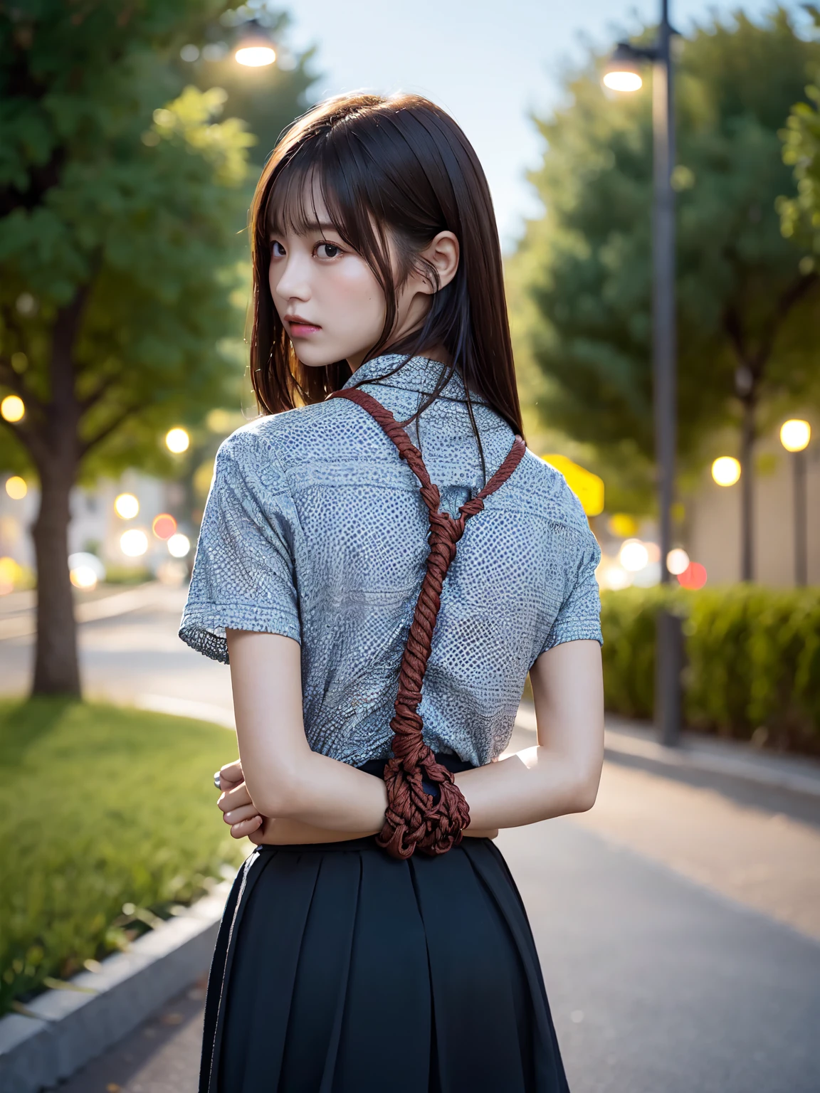 Kidnapped Woman、His hands are tied、((Place your hands behind your back))、((Place your hands together and cross them behind your back))、(((Her wrists are tied with rope、shibari)))、Beauty、２０age、university student、(anatomicaly, Has two arms and two hands)、Standing on a hill at night、There are a lot of trees、Beautiful night sky、There are many stars、A strong wind is blowing、Wearing a short-sleeved blouse、Wear a high school student-style miniskirt、Uniform eyes、Proportioned proportions、Model body type、Small breasts、Small face、(I can see from head to heel), Black Hair, bangs, swept bangs, Straight hair, Nervous, Messy Hair, Floating hair, Cinema Lighting, tachi-e, First-person view, throw, From behind, F/1.2, Nikon, Cowboy Shot, Surrealism, 超High resolution, Highest quality, High resolution, 8k, Textured skin, anatomicaly正しい体,
