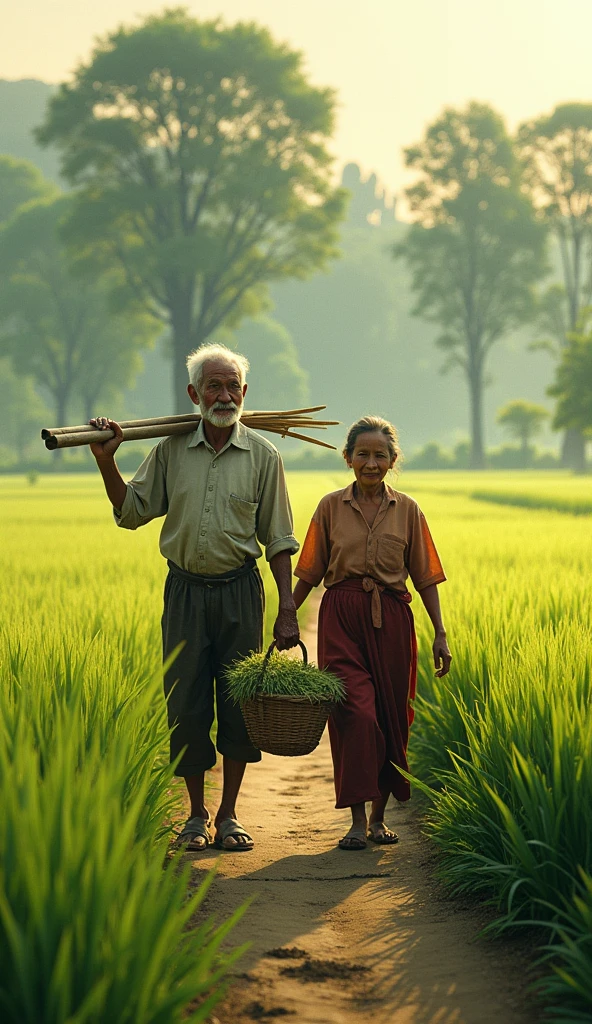 A scene of a Vietnamese farmer and his wife walking home through the rice fields, with trees in the background.
