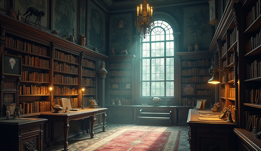the interior of a 1920's library, without people, set in the universe of the call of cthulhu, daylighting, role playing, drawn with colored pencils.