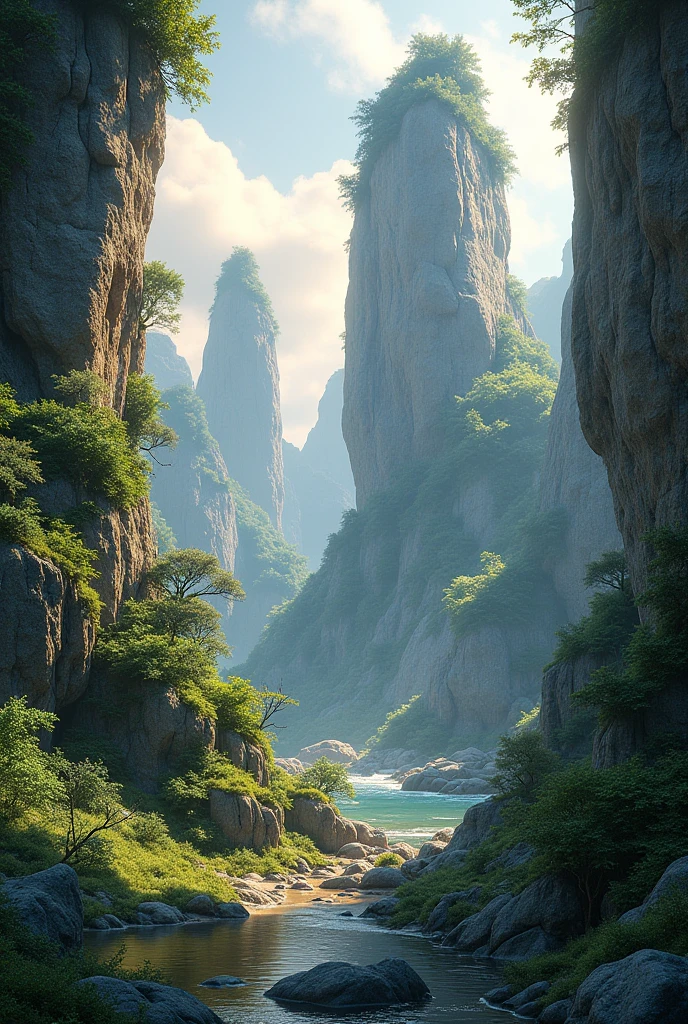 Create a background image that captures the natural beauty and texture of rocks. Include elements such as majestic rock formations, lush green vegetation and details of small plants or mosses growing in the crevices of the rocks. Lighting should be soft, suggesting a dawn or dusk setting, with a peaceful and natural atmosphere."