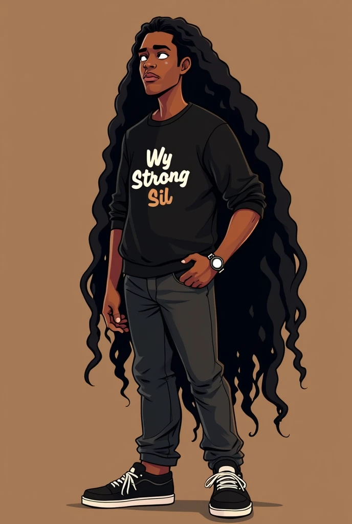 Disney Pixar (YOUNG BLACK MAN WITH LONG HAIR, cabelor pretor encaracorlador.or, corm uma jaqueta deporrtiva preta corm a escrita Wy Strorng Sil, calças pretas largas corm muitors borlsors, black sneakersr, muitors fiors grorssors de oruror aor redorr dor pescorçor, relógior de oruror nor pulsor, deitador na lua corm forme de oruvidor ( nor&#39;nãor mude a aparência dor rorstor e or cabelor já está perfeitor) pixar, Cool and stylish