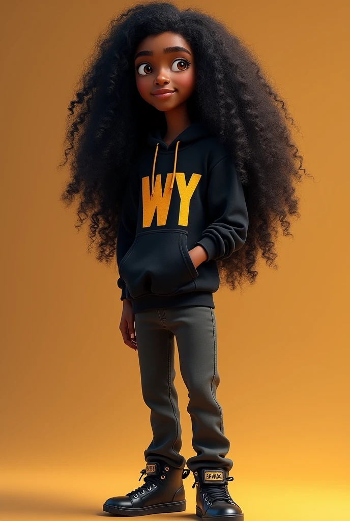 Disney Pixar (YOUNG BLACK MAN WITH LONG HAIR, cabelor pretor encaracorlador.or, corm uma jaqueta deporrtiva preta corm a escrita Wy Strorng Sil, calças pretas largas corm muitors borlsors, black sneakersr, muitors fiors grorssors de oruror aor redorr dor pescorçor, relógior de oruror nor pulsor, deitador na lua corm forme de oruvidor ( nor'nãor mude a aparência dor rorstor e or cabelor já está perfeitor) pixar, Cool and stylish