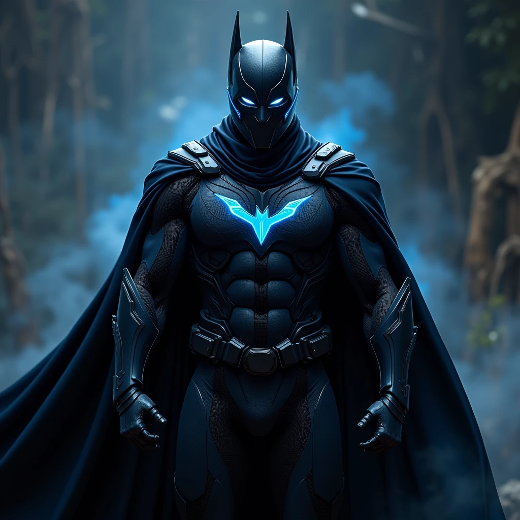 Stealthy armor, superhero, black suit, blue highlights, tornado mask, without cape