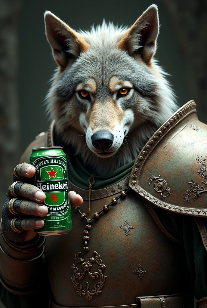 (photorealism:1.2), old wolf, armor , heineken 