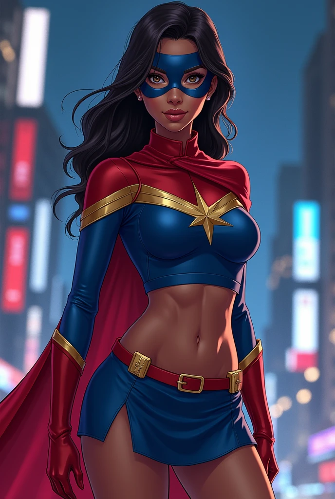 (Highly quality, masterpiece, detailed), night city detailed scenario, night city detailed background, solo, 20 years old, khamala khan as Ms Marvel, dark skin, brown eyes, dark brown hair, lips, blue domino mask, red scarf, red crop top, sleeves, gold trim, blue footwear, navel, blue small skirt, perfect face, beautiful eyes, looking at the viewer, Sexy pose