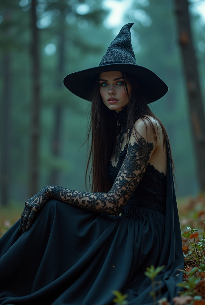 Fashionable of androgynous alien looking witch wearing veil, glowing eyes, beautiful evil slavic muscular woman, pale skin, long hair, light smile, futuristic design, minimal details, givenchy, photoreal, 200mm, hd, f/ 2.0, sitting in a gloomy spruce forest, highly detailed, surreal , drop dead, in the style of red and blue, (intricate details, hyperdetailed:1.15) (skin texture:1.2), cinematic, professional, 4k, (((dynamic model pose))), full body, mesmerizing, dynamic, dramatic, sensual, dynamic pose, highly detailed skin with hair, subcutaneous veins, light and shadow play, highly detailed,24mm photograph, film, bokeh, professional, 4k,