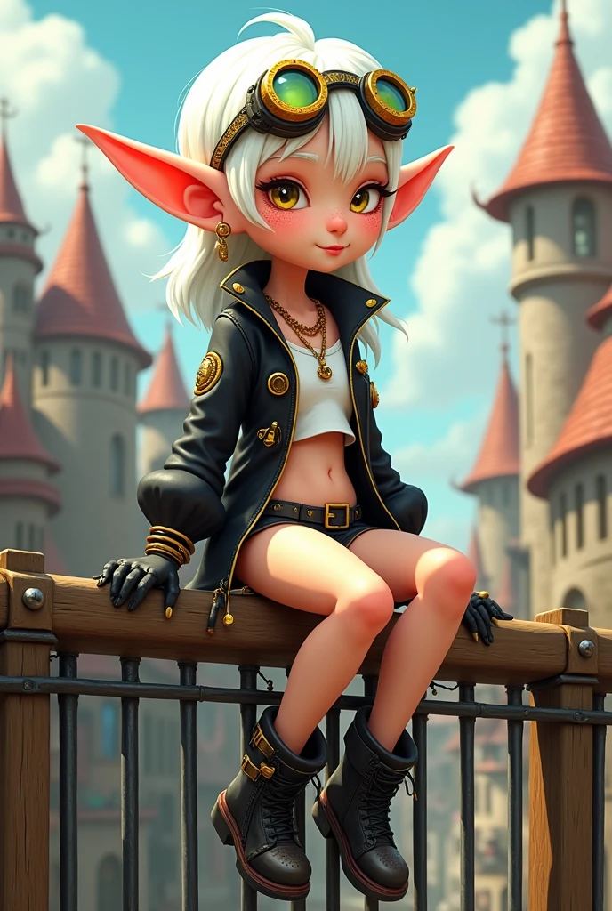 Create a cartoon style character, an adult albino female elf, with wide hips and thighs, small breasts, yellow eyes, small head, freckles, white hair, short. She wears a black jacket with gold details, a white crop top, black short shorts, gloves and black boots with gold details. Her clothes have a subtle steamponk style. She wears seamponk style welding goggles on her head. She sits on top of a fence, the background is a town mixing steamponk, medieval, and current era styles, with a mischievous look and a small smile. Angle from below, view from below