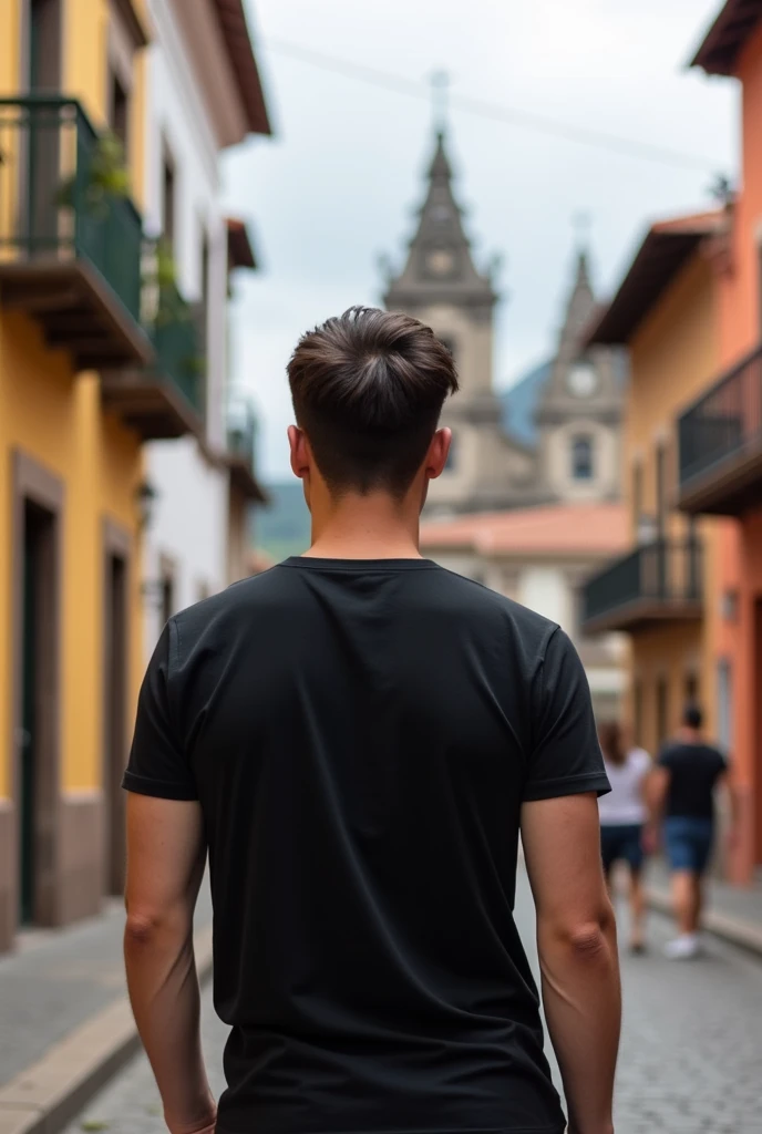 Young man with black t-shirt from behind in the historic center of Cuenca, Ecuador