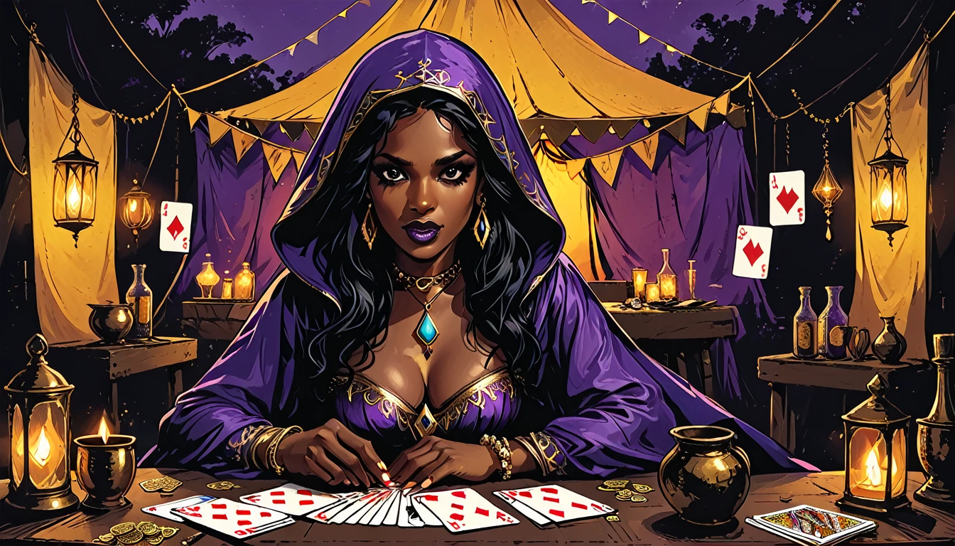 
(((deck of cards in hands, shuffles cards with hands,)))(open mouth), circus tent, Gypsy with taro cards in hand sits by the table, black long Waves hair, black eyes, Fleshy nose, Thin nude Lips, dark makeup,(jewelry), ((tiara)), ((dark violet hood)), wearing intricate violet clothes, shawl, dark skin, mole under eye, gypsy dress, dark atmosphere, deep shadow, shadow, surprised, shocked, (taro cards in hand), tarot cards, furnishings of a magic tent for fortune telling, graphic style of novel comics, perfect hands, 2d, 8k, hyperrealism, masterpiece, high resolution, best quality, ultra-detailed, super realistic, Hyperrealistic art, high-quality, ultra high res, highest detailed, lot of details, Extremely high-resolution details, incredibly lifelike, colourful,