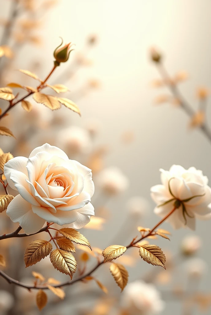 High definition,work of art,Official artistic aesthetic, white roses, golden leaves, 3d metallics, Background transparent.