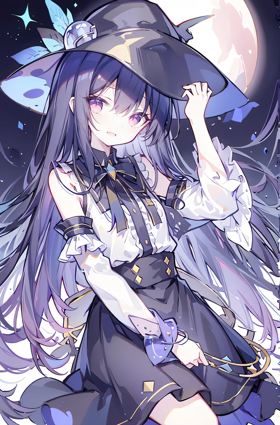 oung Girls,Humanity,A magician always smiles,big witch hat,cute,dark blue long hair,The eyes are dull,The bangs are heavy,Thin eyebrows,fantasy,intake,Double teeth,Star Theme,Constellation pattern,Solid color clothetal decoration,cloak,A bit of a dark atmosphere,A little crazy smile,When the big moon shines outside at night,blood,Hair black star embellishment,Short tie,No nails,High waist skirt,Bell sleeves,Long-sleeved shirt,Black tie,low risk,gentlemen。Mist、Yellow and white effect，Shocking pink as an accent color