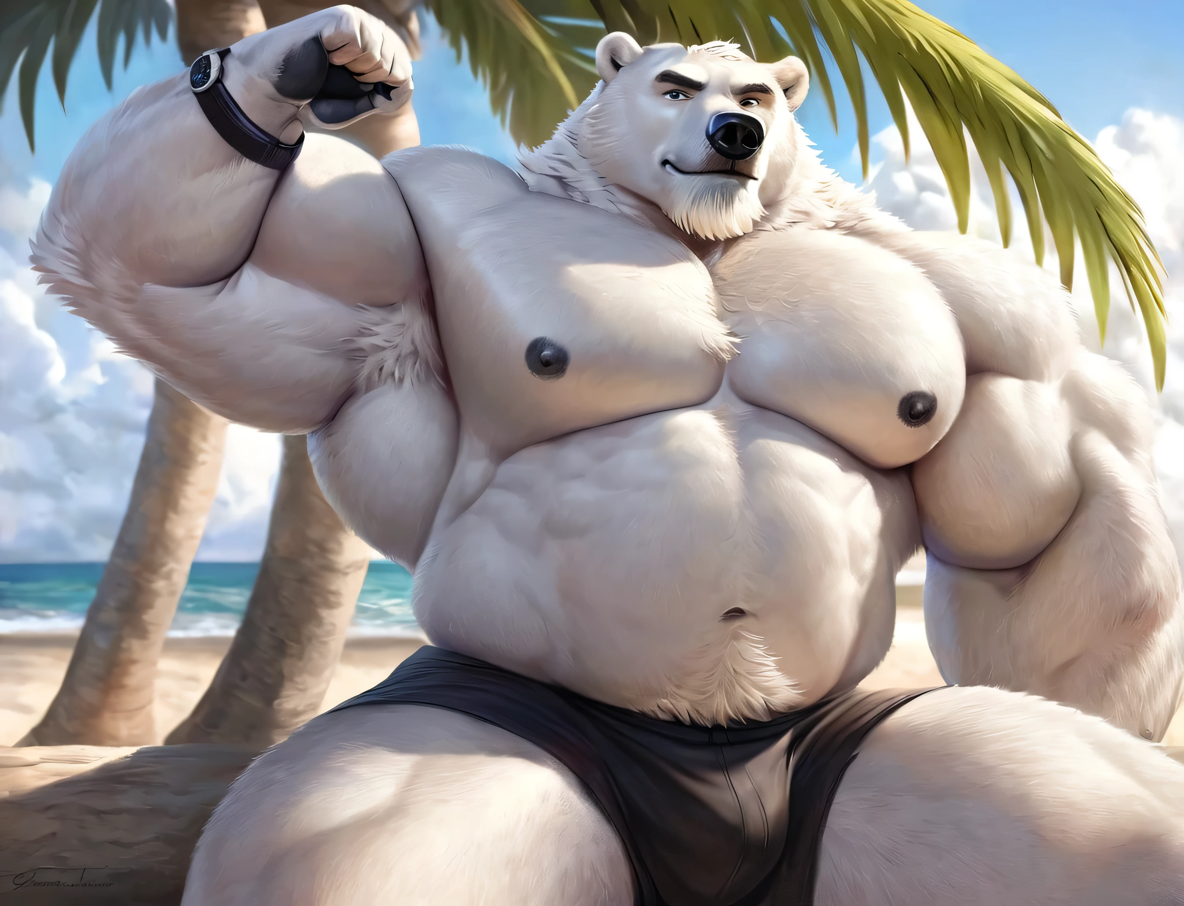 huge buff muscular polar bear Dad in Tropical Beach, big smirk, polar bear, huge white fur, thick arm, huge arm, bearded. Short white hair and white beard, white mustache, bearded white, (muscular, pectoral, wide pectoral, thick arms), correct anatomy, beach, palm, realistic, detailed eyebrows, detailed eyes, 8k, masterpiece, (wearing black shorts, wristband, watch and shirtless), stretching out his massive muscles