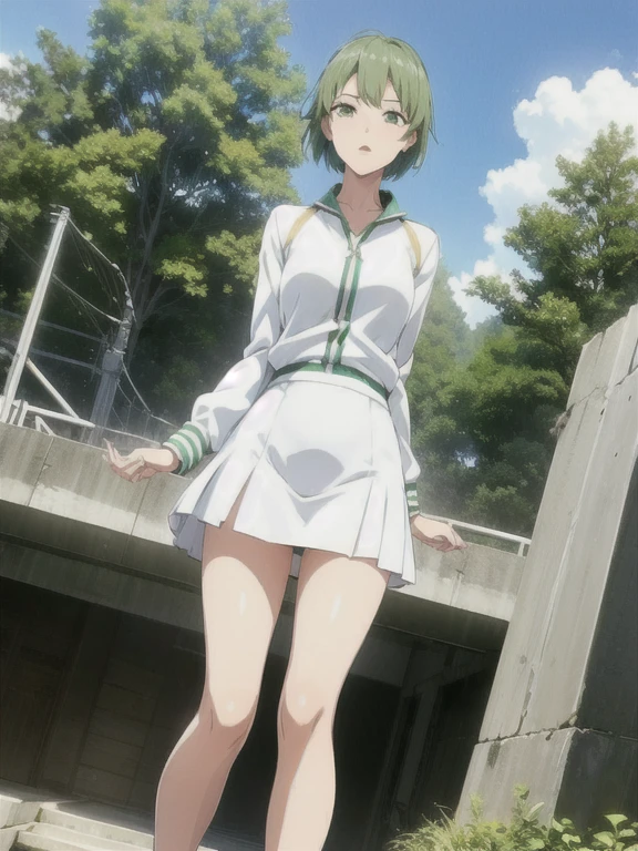 anime、Midsummer Afternoon、((Rural station platform))、Woman Standing Alone、((Green short hair))、((White short jacket))、Black underwear、White leather tight skirt、Slender figure、White high heels、The wind is blowing、There is no one around、Looking up from below、