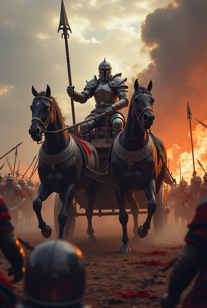 A steel carriage pulled by two raging war horses。Several enemy soldiers surround the scene。A warrior in armor thrusts a spear at the enemy soldiers from within the carriage。The battlefield burns in the background。Darker images。battle。gloomy。Blood。