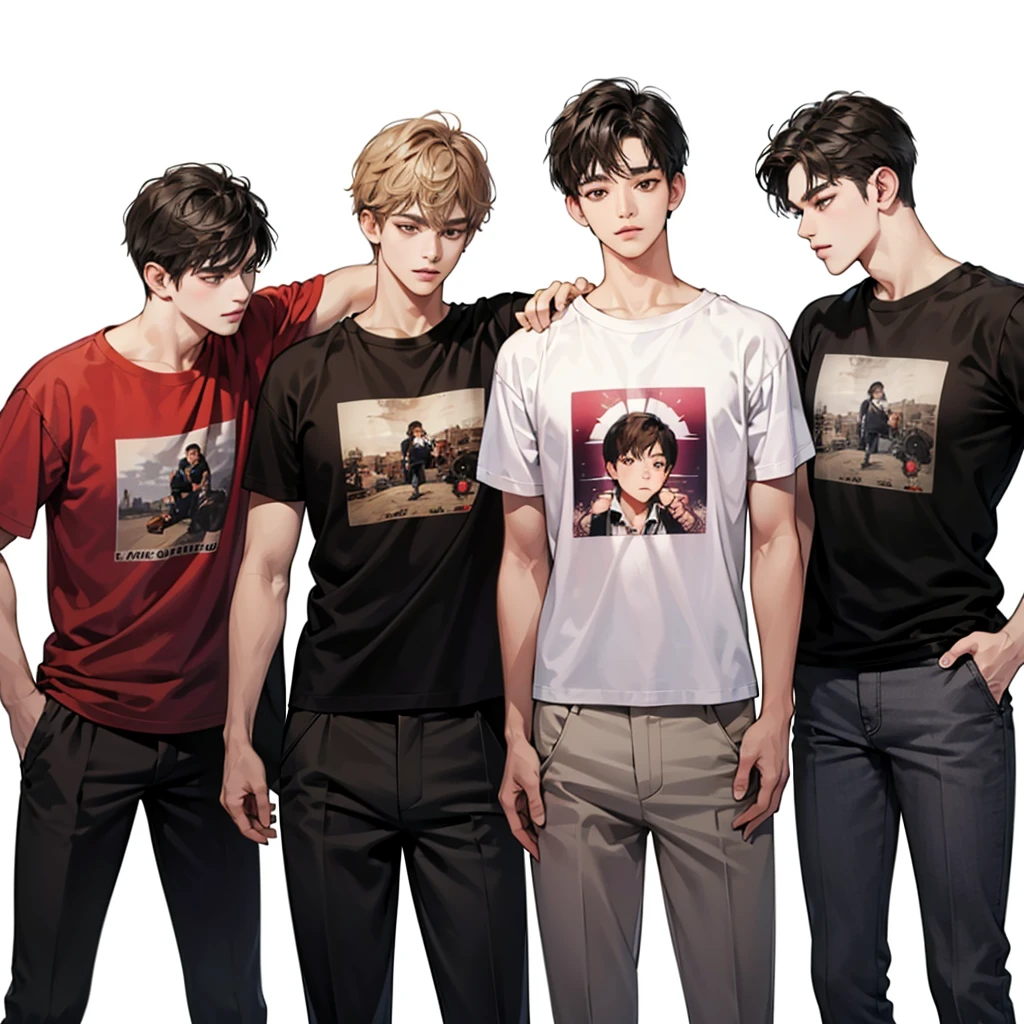 Four boys, black hair, brown eyes, simple background, high resolution, brown hair, stand in a line.., Wear a t-shirt, shut your mouth, handsome, cool,มองตรง