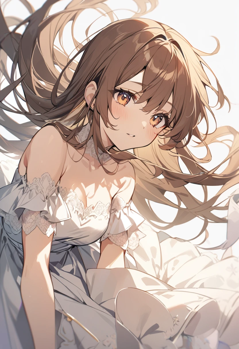 1 girl, brown hair, bare shoulders, long hair, dress