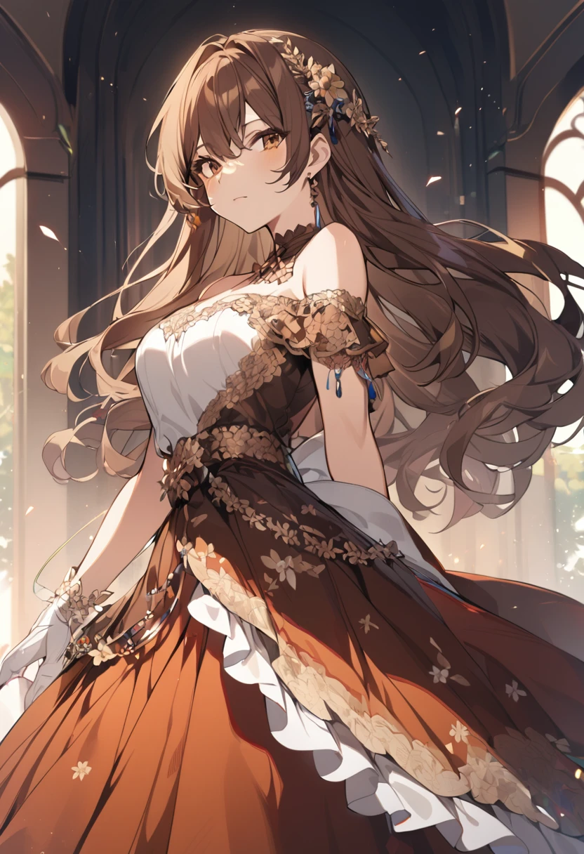 1 girl, brown hair, bare shoulders, long hair, dress