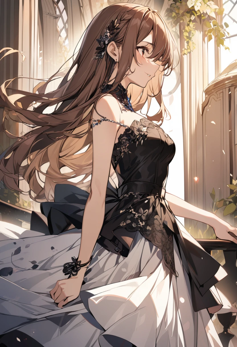 1 girl, brown hair, bare shoulders, long hair, dress