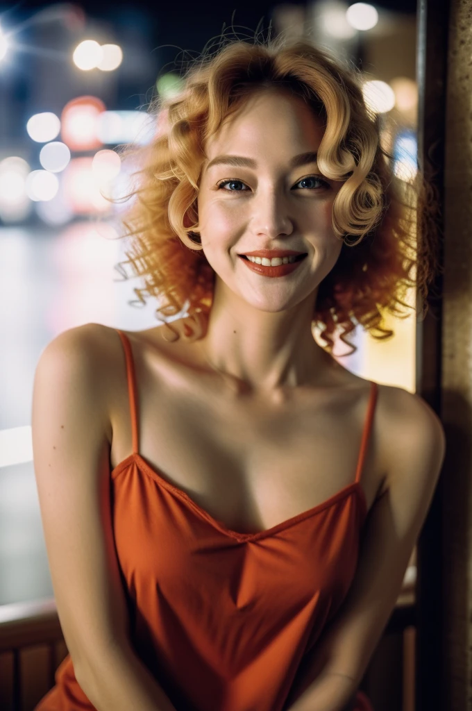 1woman , model, depth of field, photo, film, face, 30 years old, curly hair, blonde, smile, collarbone, teeth, movie, camisole, selfie, night,