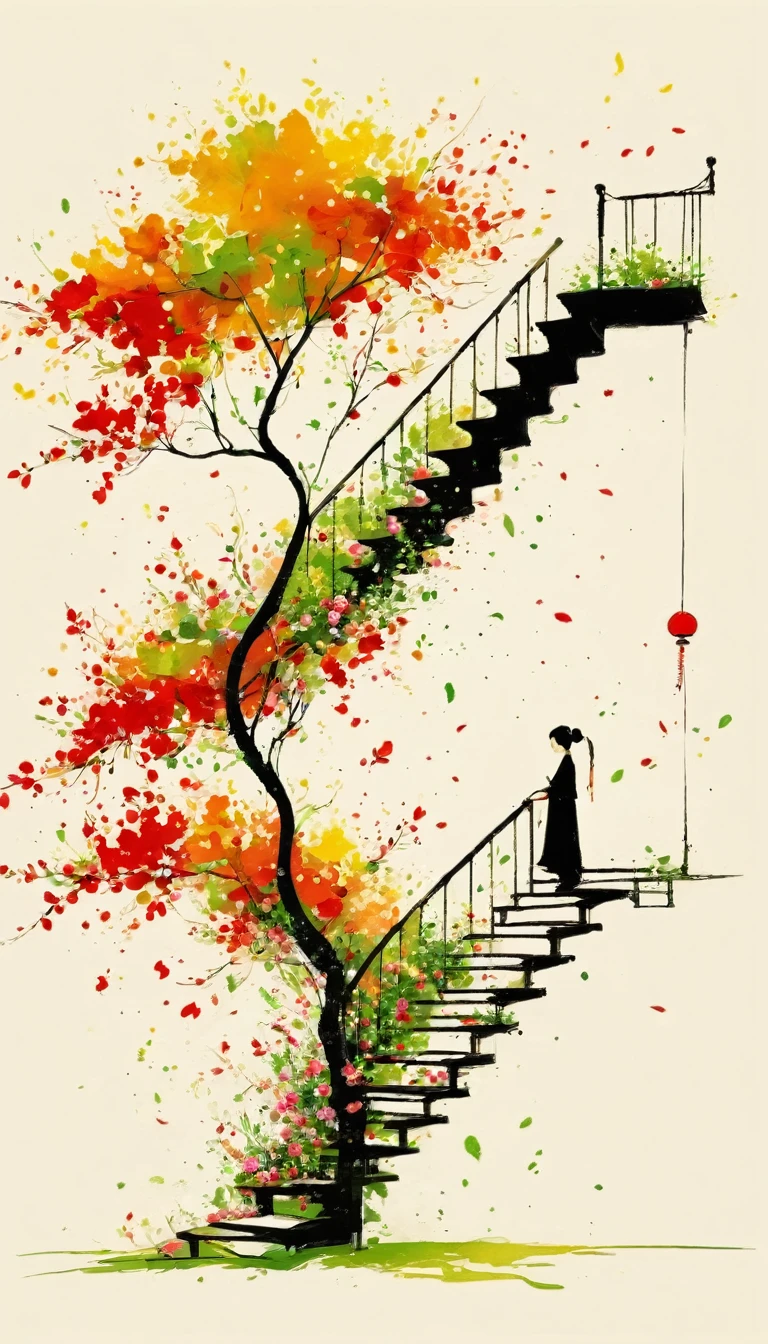 中国水墨画sketch:Light Ink,Lowercase,sketch,artistic conception,A staircase blooming with flowers leads to a tree.,Minimalism,(((Negative Space,Bottom left composition)))