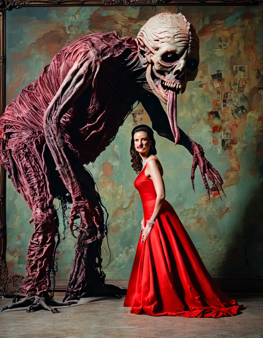 Painting of a woman in a red dress next to a giant creature, estilo Dragan Bibin, Inspired by Nicola Samori, Jeffrey Jones, Santiago Martínez Delgado, Inspired by Pietro Longhi, Tomasz Jedruszek, Elegant horror art, Dragan Bibin, Vdragan Bibin, Sergey Kolesov, Anatomically correct, super detail, high details, highres, 4k