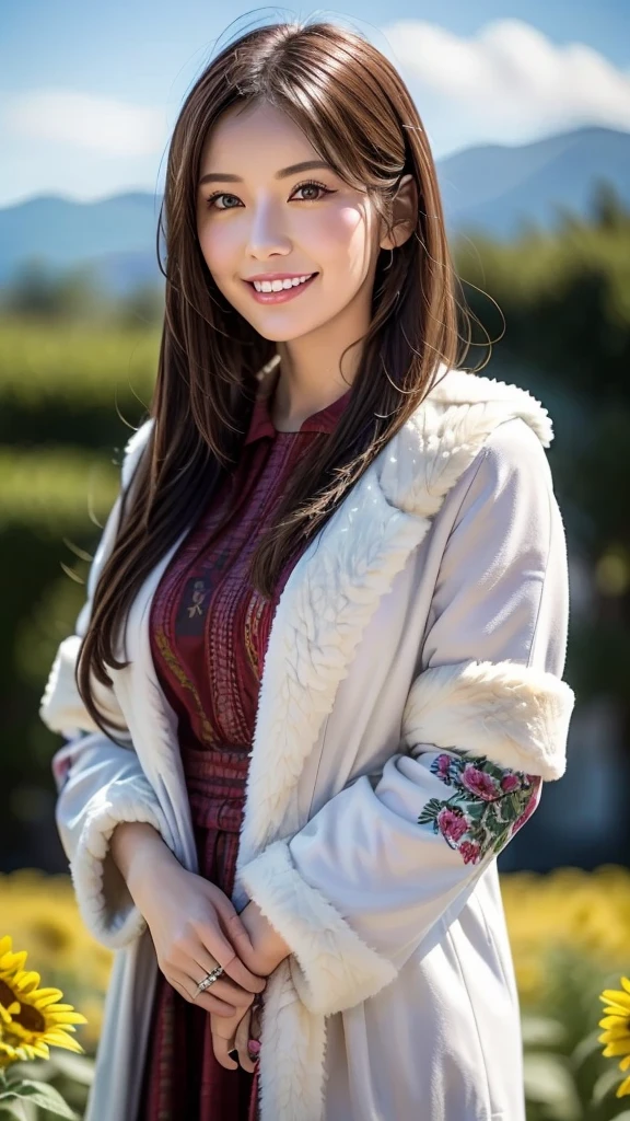 A realistic, highly detailed illustration of a personified Hokkaido. The character has long, wavy hair with a mix of white and light blue, representing the snowy winters. Her eyes are a deep, clear blue, reflecting the pristine nature of Hokkaido. She has fair skin with a slight hint of a healthy tan. 

For her outfit, she is wearing a traditional Ainu embroidered dress with intricate patterns, combined with a modern touch. In winter, she wears a white fur coat and fur-lined boots, with snowflake-shaped accessories. In summer, she dons a floral dress inspired by Hokkaido’s lavender fields, with a flower crown made of lavender and sunflowers.

The character is surrounded by elements of Hokkaido's natural beauty: to her left, a field of lavender in full bloom; to her right, a snowy landscape with tall, snow-covered pine trees. In the background, Mount Yotei can be seen, majestic and imposing. 

She holds a small, intricately carved wooden talisman representing Ainu culture in one hand, and a map in the other, symbolizing her adventurous spirit. Her expression is gentle and welcoming, with a hint of curiosity and wisdom.