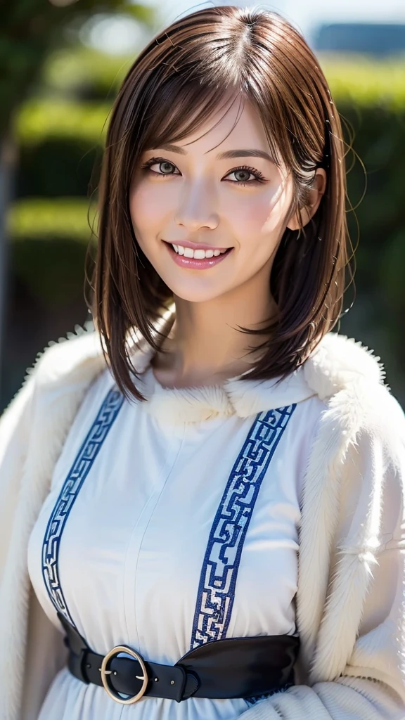 A realistic, highly detailed illustration of a personified Hokkaido. The character has long, wavy hair with a mix of white and light blue, representing the snowy winters. Her eyes are a deep, clear blue, reflecting the pristine nature of Hokkaido. She has fair skin with a slight hint of a healthy tan. 

For her outfit, she is wearing a traditional  embroidered dress with intricate patterns, combined with a modern touch. In winter, she wears a white fur coat and fur-lined boots, with snowflake-shaped accessories. In summer, she dons a floral dress inspired by Hokkaido’s lavender fields, with a flower crown made of lavender and sunflowers.

The character is surrounded by elements of Hokkaido's natural beauty: to her left, a field of lavender in full bloom; to her right, a snowy landscape with tall, snow-covered pine trees. In the background, Mount Yotei can be seen, majestic and imposing. 

She holds a small, intricately carved wooden talisman representing Ainuture in one hand, and a map in the other, symbolizing her adventurous spirit. Her expression is gentle and welcoming, with a hint of curiosity and wisdom.
