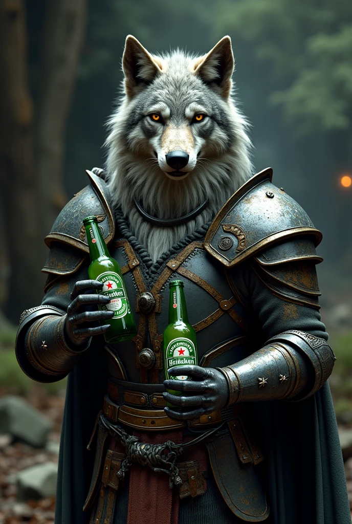 (photorealism:1.2), old wolf, armor , heineken 