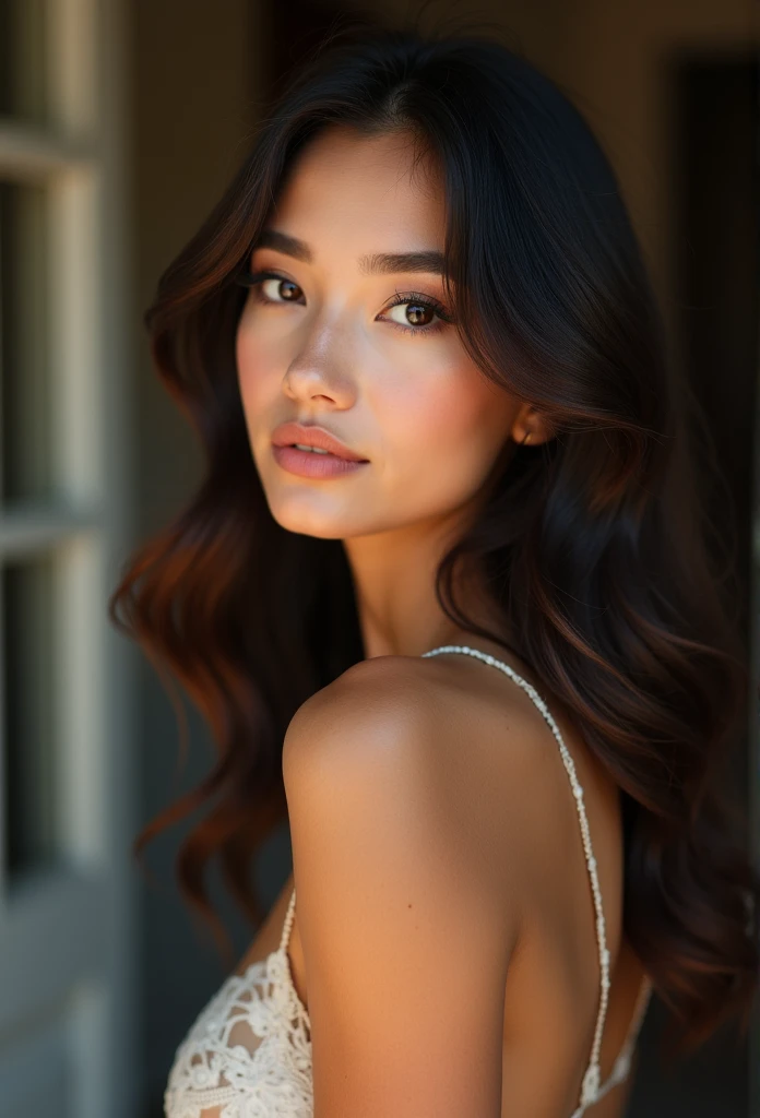 fille sexy aux yeux bruns, longs cheveux bruns et grands yeux, selfie d'une jeune femme, Yeux de chambre, sans maquillage, maquillage naturel, Tournez-vous pour regarder la caméra, Visage avec Artgram, Maquillage subtil, Superbe photo du corps entier, 25 ans, corp nu