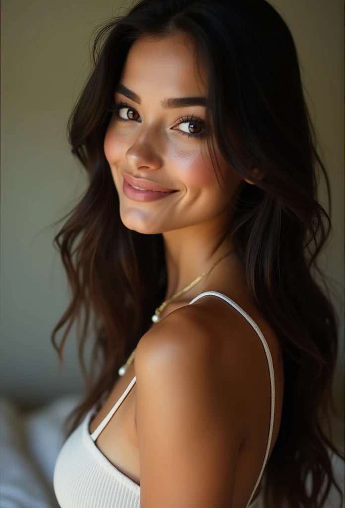 fille sexy aux yeux bruns, longs cheveux bruns et grands yeux, selfie d&#39;une jeune femme, Yeux de chambre, sans maquillage, maquillage naturel, Tournez-vous pour regarder la caméra, Visage avec Artgram, Maquillage subtil, Superbe photo du corps entier, 25 ans, corp nu