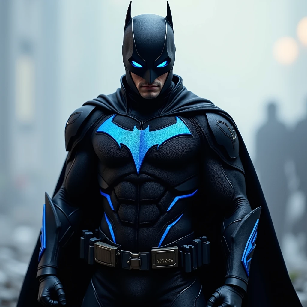 Stealthy armor, black suit, blue highlights, tornado mask, without cape