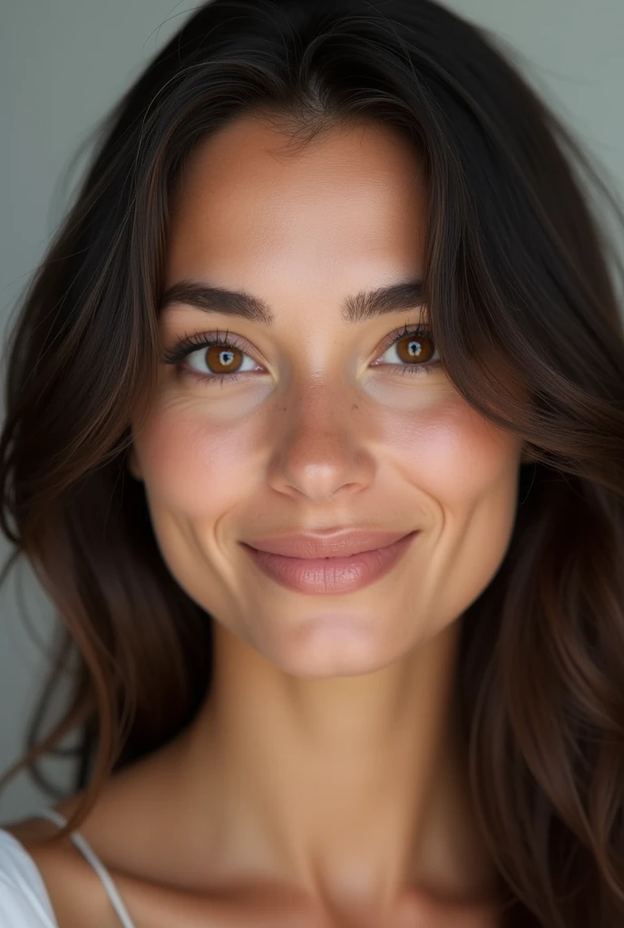 Generate a realistic face of a Corse female, 28 years old. The face should have clear skin, natural makeup, and a friendly expression. The photo should show the entire face from forehead to neck, be in 4K resolution, and use an 85mm focal length for a realistic look. The background should be simple and neutral. The photo should be high resolution and well-lit.