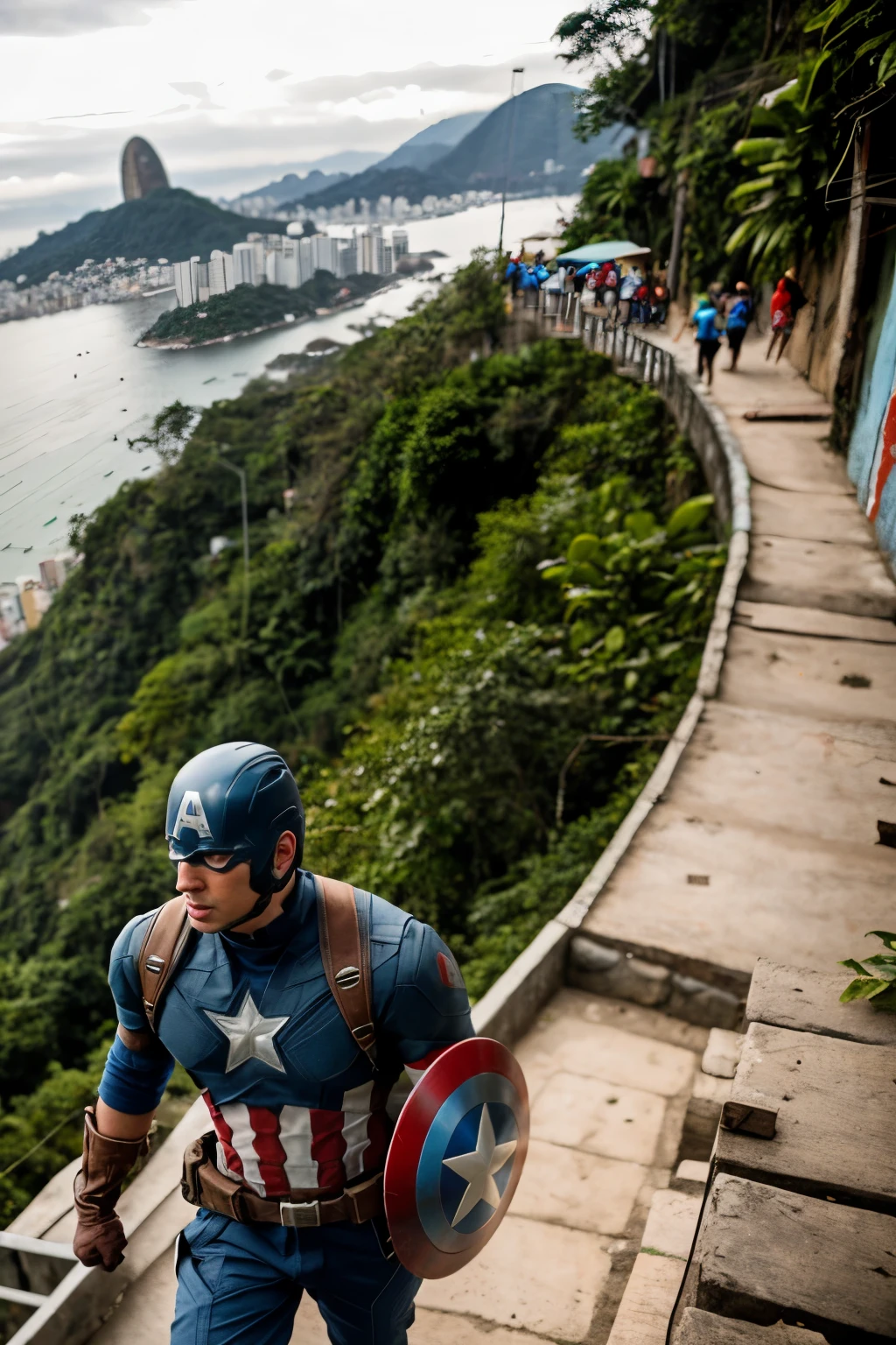 captain America, climbing a hill in a favela in Rio de Janeiro