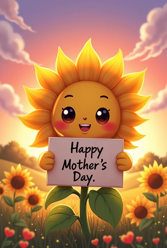 A kawaii sunflower with a sign that says "Happy Mother's Day Auria", and in the background a sunset in shades of violet and pink