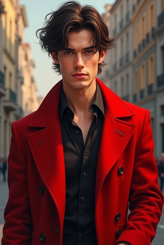 A young man,with darkbrown hair wearing an red coat