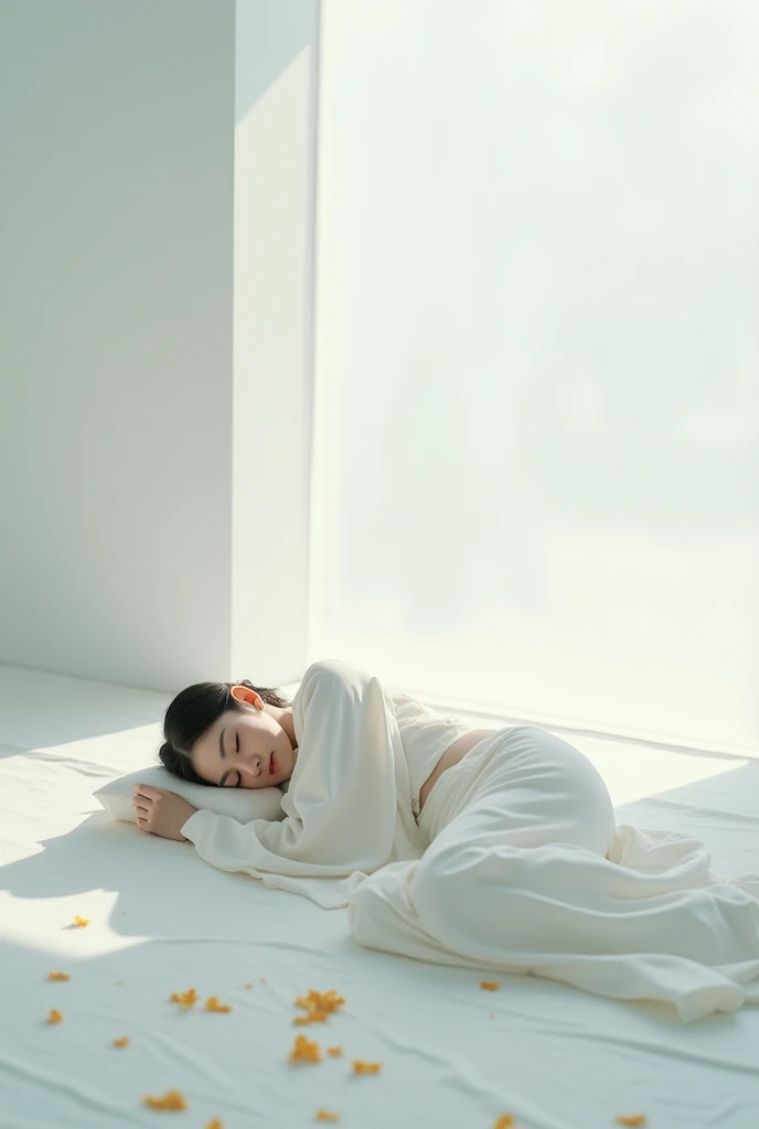 Beautiful Japanese sleeping on a white floor, dress,
