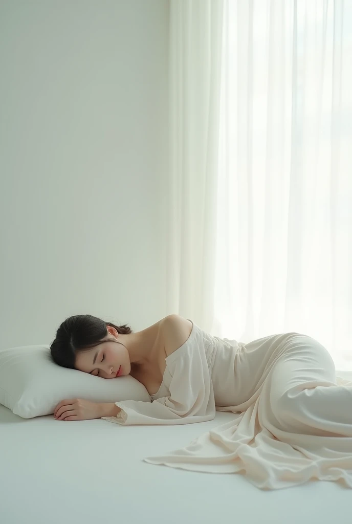 Beautiful Japanese sleeping on a white floor, dress,