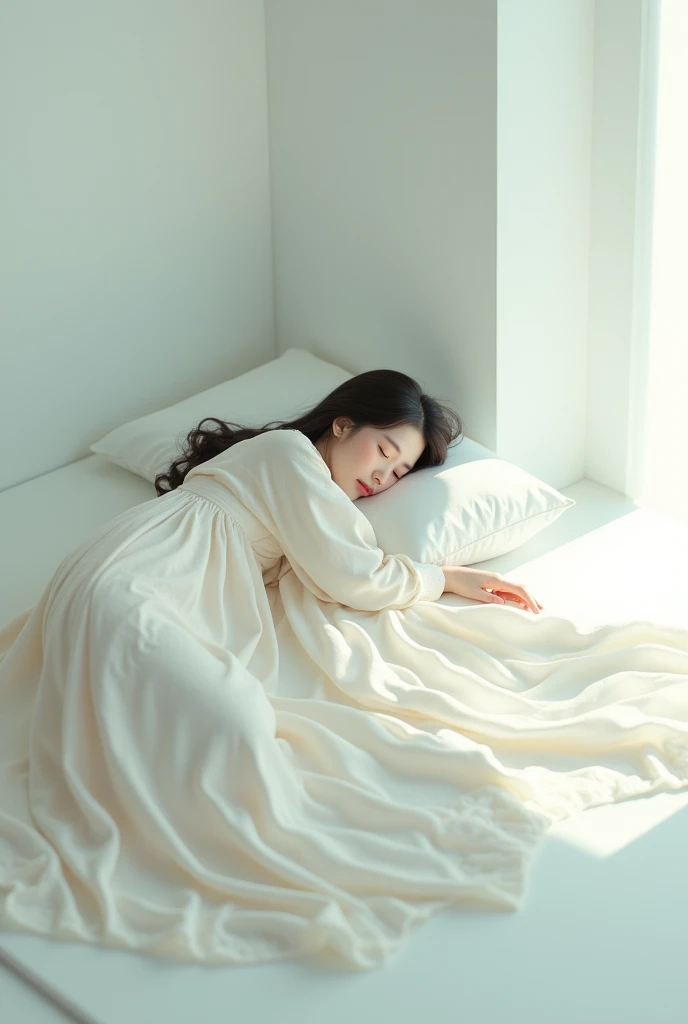 Beautiful Japanese sleeping on a white floor, dress,