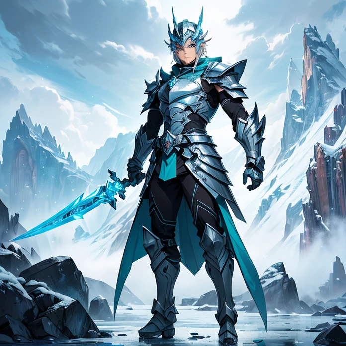 High Resolution, Anime, Character Design, Digital Art, HD, Best Quality, Masterpiece, Super Detailed, high fantasy,
{{male adult elvish ice soldier:(ice closed helmet, ice arrowhead at the top, crystal visor of helmet, ice neck armor, ice bulky full armor, ice shoulderplates, ice arms full armor, ice gauntlets, ice armor hips, ice legs armor, ice armored boots, green short cloak),(ice long sword, ice big shield, ice power pistol on hip),(holding in combat with his left arm his ice longsword, holding with his right arm his big ice shield, attacking violently and lethal),(cloudy day, chinese mountain road, stone road, stone walls on the road, chinese trees around)}}