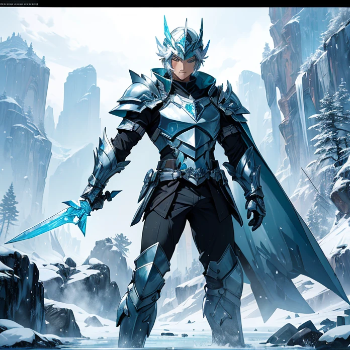 High Resolution, Anime, Character Design, Digital Art, HD, Best Quality, Masterpiece, Super Detailed, high fantasy,
{{male adult elvish ice soldier:(ice closed helmet, ice arrowhead at the top, crystal visor of helmet, ice neck armor, ice bulky full armor, ice shoulderplates, ice arms full armor, ice gauntlets, ice armor hips, ice legs armor, ice armored boots, green short cloak),(ice long sword, ice big shield, ice power pistol on hip),(holding in combat with his left arm his ice longsword, holding with his right arm his big ice shield, attacking violently and lethal),(cloudy day, chinese mountain road, stone road, stone walls on the road, chinese trees around)}}