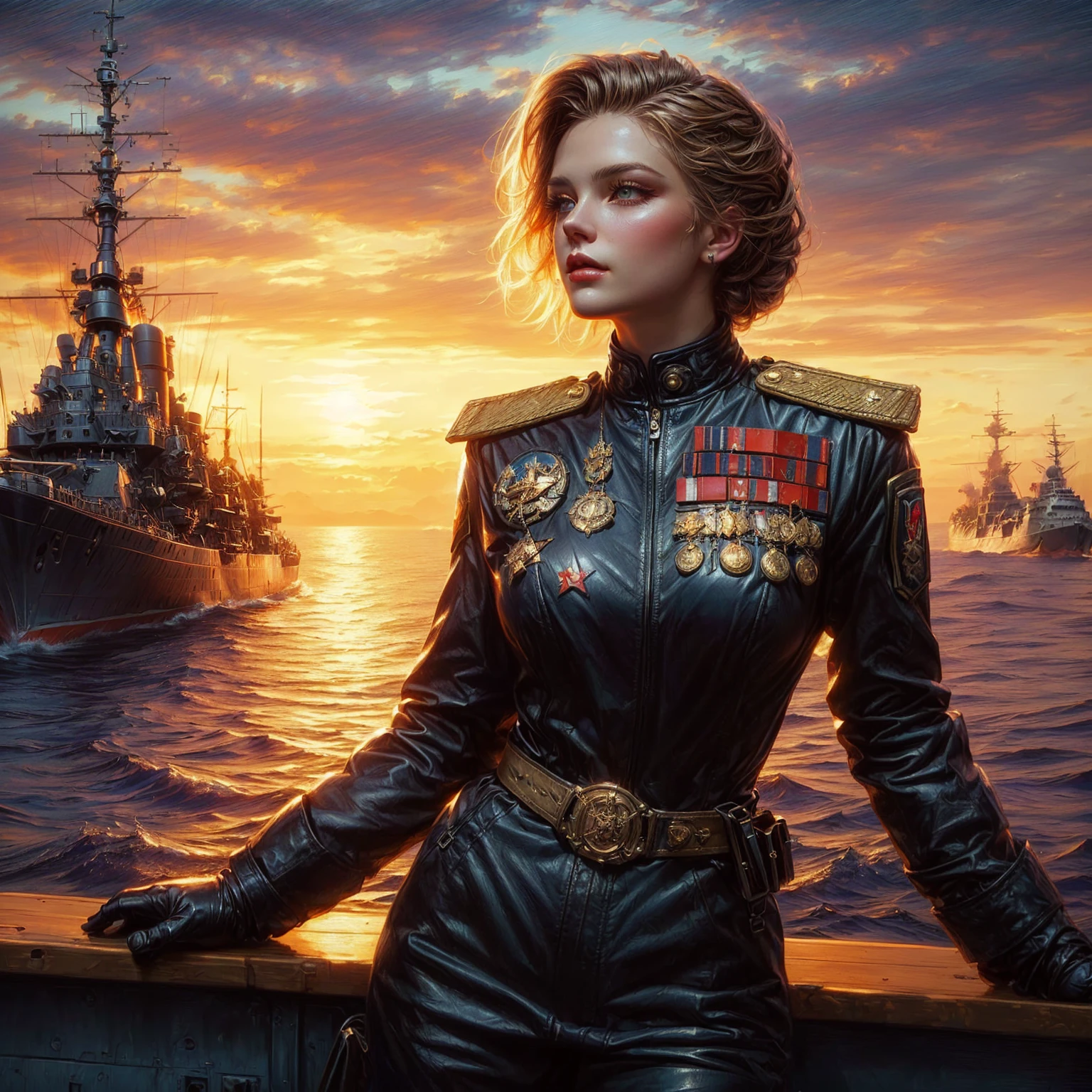 arafed image of a woman in a tight leather outfit standing on a boat, karol bak uhd, by Alexander Kucharsky, military art, wojtek fus, dieselpunk art style, beautiful digital artwork, inspired by Aleksandr Gerasimov, girl with warship parts, 4k highly detailed digital art, military girl, by Nikita Veprikov
