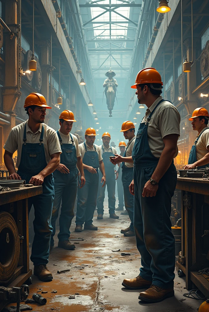 Imagine a picture of workers in a factory, with a group of people wearing work uniforms or simple clothing. These workers are performing manual or operational tasks. In the background, You could see machines and work tools, and perhaps a figure of a boss or manager in the distance to emphasize the difference between workers and the owners of the means of production.