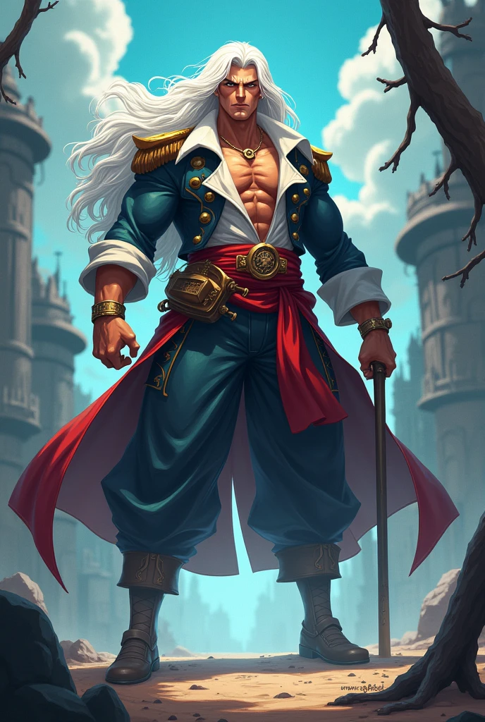 Mon personnage est un surhumain de 24 ans qui est un homme et qui est pirate dans un univers animé 
Il est assez grand, il a les cheveux blancs et mi-longs
Il fais trembler la terre en dessous de lui 
Il est fort