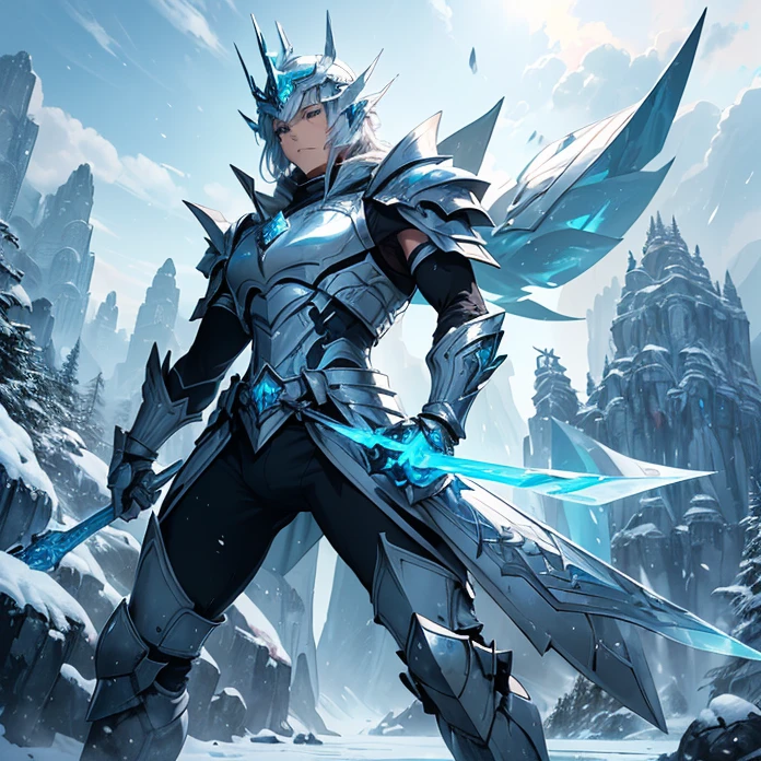 High Resolution, Anime, Character Design, Digital Art, HD, Best Quality, Masterpiece, Super Detailed, high fantasy,
{{male adult elvish ice soldier:(ice closed helmet, ice arrowhead at the top, crystal visor of helmet, ice neck armor, ice bulky full armor, ice shoulderplates, ice arms full armor, ice gauntlets, ice armor hips, ice legs armor, ice armored boots, green short cloak),(ice long sword, ice big shield, ice power pistol on hip),(holding in combat with his left arm his ice longsword, holding with his right arm his big ice shield, attacking violently and lethal),(cloudy day, chinese mountain road, stone road, stone walls on the road, chinese trees around)}}