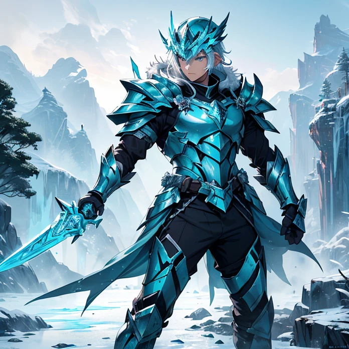 High Resolution, Anime, Character Design, Digital Art, HD, Best Quality, Masterpiece, Super Detailed, high fantasy,
{{male adult elvish ice soldier:(ice closed helmet, ice arrowhead at the top, crystal visor of helmet, ice neck armor, ice bulky full armor, ice shoulderplates, ice arms full armor, ice gauntlets, ice armor hips, ice legs armor, ice armored boots, green short cloak),(ice long sword, ice big shield, ice power pistol on hip),(holding in combat with his left arm his ice longsword, holding with his right arm his big ice shield, attacking violently and lethal),(cloudy day, chinese mountain road, stone road, stone walls on the road, chinese trees around)}}